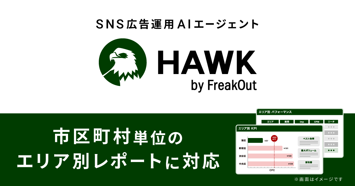 フリークアウトのSNS広告運用AIエージェント「HAWK」が市区町村単位のエリア別レポートに対応～Meta広告で標準では取得できない市区町村別レポートを、簡単な指示だけで実現～